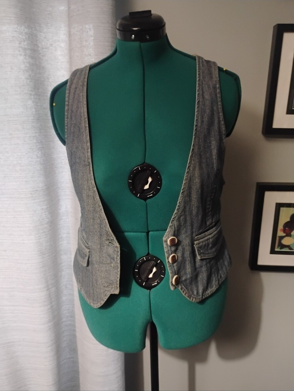 Herringbone Striped Cotton Denim Vest with Cottagecore Floral Back Sz L